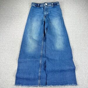 Y2K 90s Zara Baggy Wide Leg Jeans Girls 13-14 Women 23X25 Blue Raw Hem High Rise